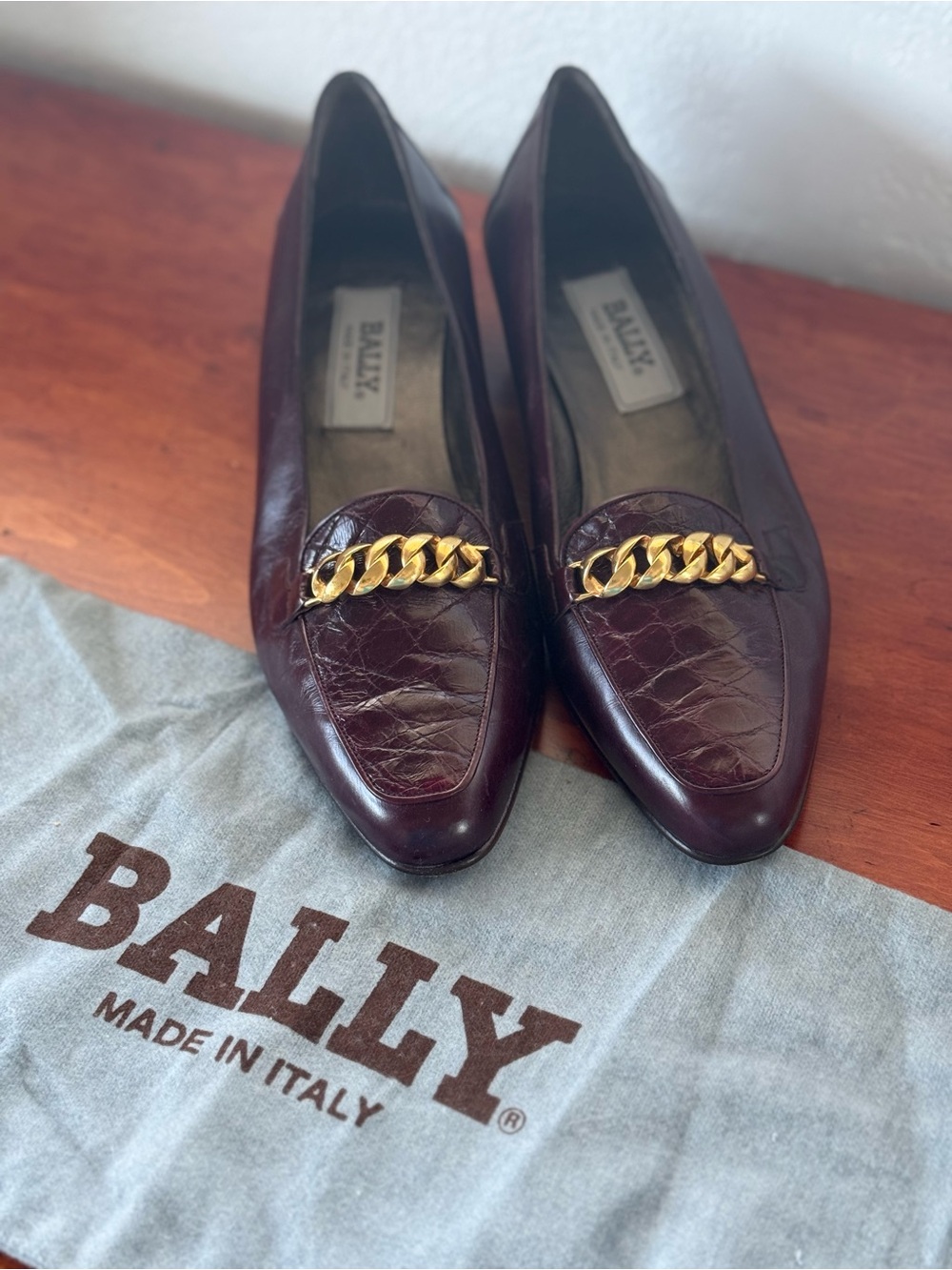 Bally Burgundy Leather Chain-Trim Loafers
